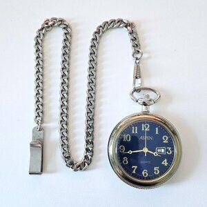 Aspen Men's Quartz Pocket Watch with a Gold Bezel, Silver Case, and Chain